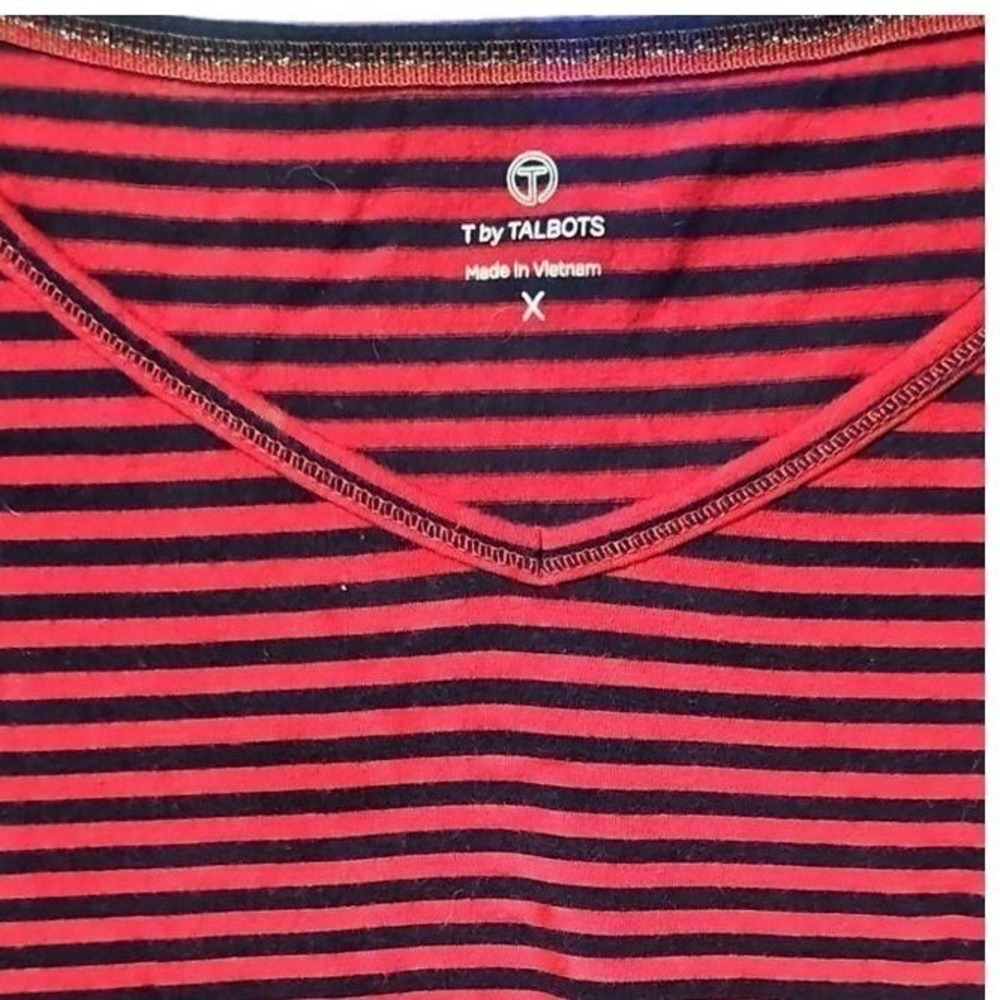 Talbots Women Red‎ Striped V-Neck Top Cotton Blend Roll Tab Sleeve Casual XL